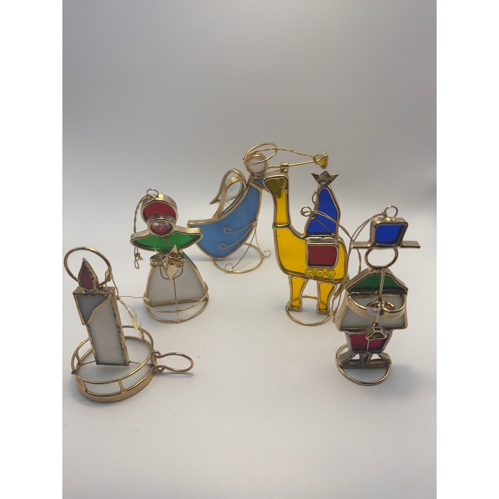 Vintage Stained Glass Brass Christmas Ornaments Set 5 Angel Camel Candle